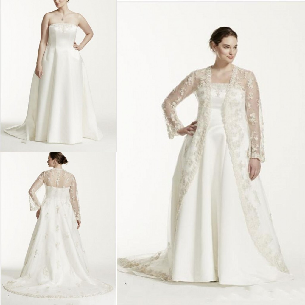 

2016 Plus Size Two Pieces Wedding Dresses Strapless A Line Bridal Gowns With Sheer Long Sleeve Lace Jacket Custom Made Wedding Dresses, Gold