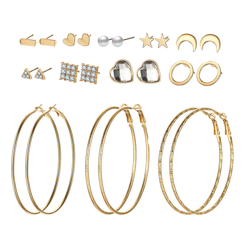 

New Vintage Silver Gold Plated Jewelry 12 Pairs/Set Mix Designs Big Hoop Crystal Simulated Pearl Star Moon Stud Earrings For Women HZ