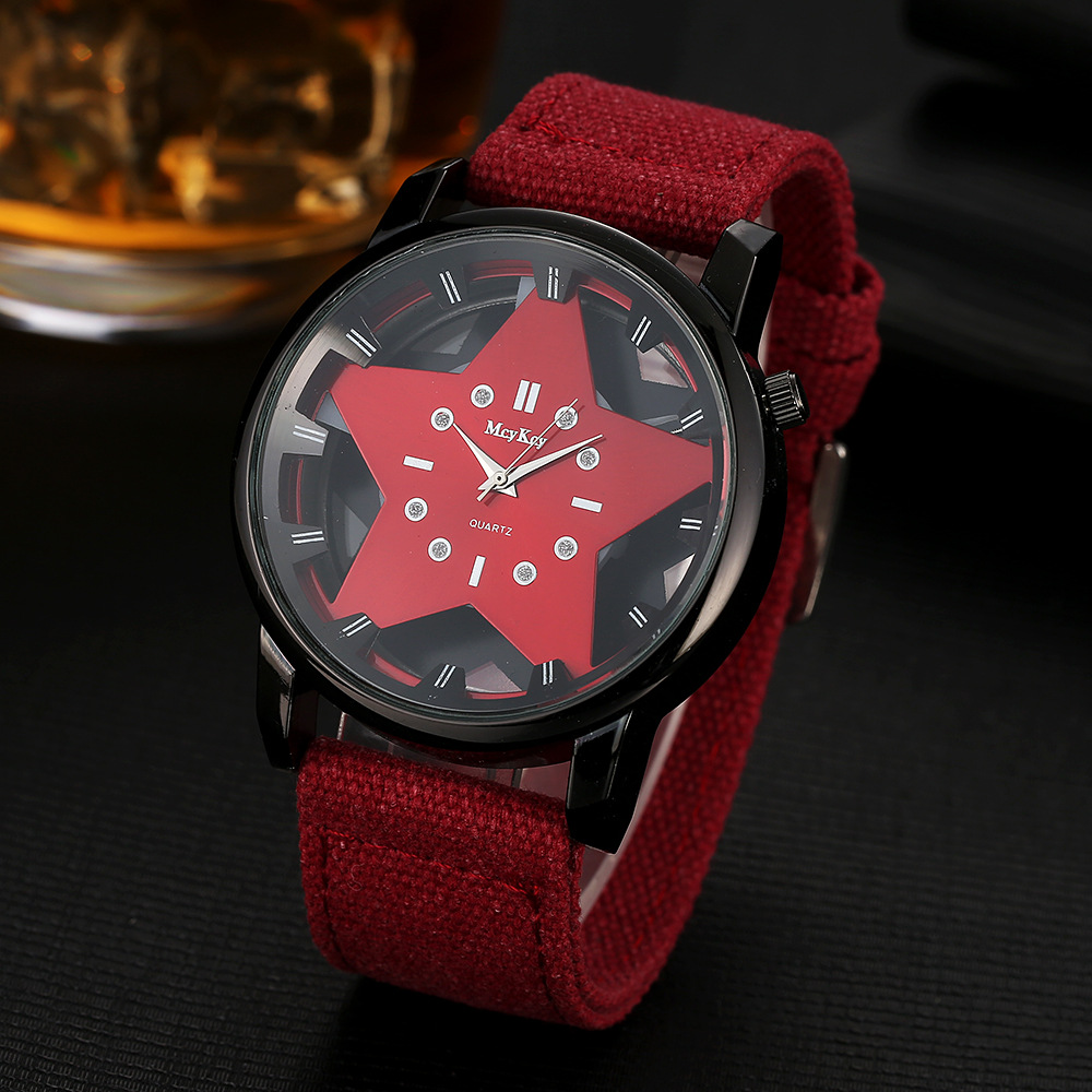

usa Women's Watches fashion five-pointed star hollow watch Canvas braided strap Big red dial Neutral dress Wristwatch