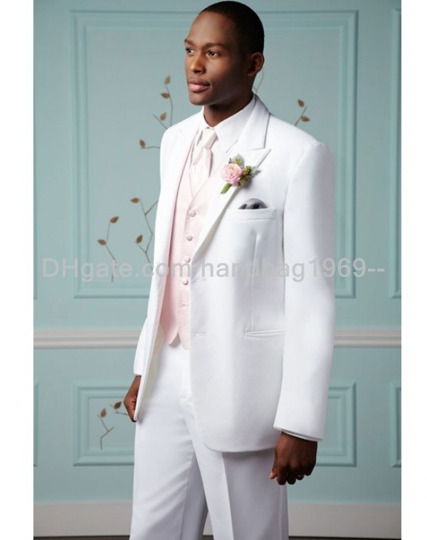 

New Style Two Buttons White Groom Tuxedos Peak Lapel Best Man Groomsmen Mens Wedding Suits (Jacket+Pants+Vest+Tie) AA799, Same as image
