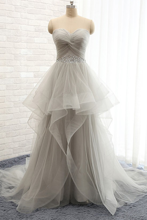 

Silver Gray High Low Prom Gowns Tiered Skirts Tulle Sparking Crystal Robe de Soriee Women Elegant Party Formal Evening Gowns Real Picture, Same as picture