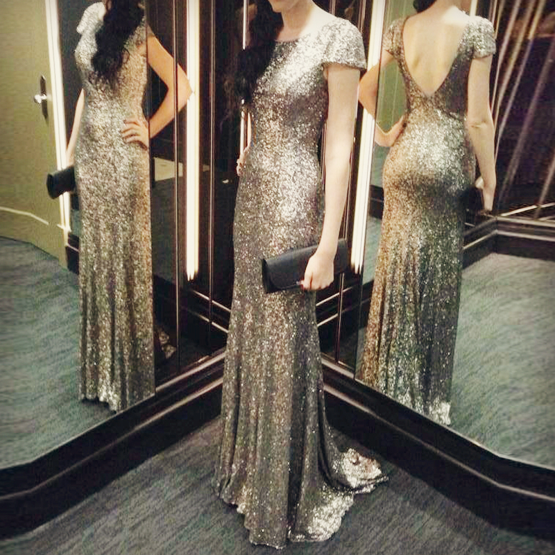 2021 Gold Sequins Evening Dresses Sexy Sheath Scoop Cap Sleeves Low Zipper Back Real Photos Long Formal Party Dresses Custom Made-image-255581357