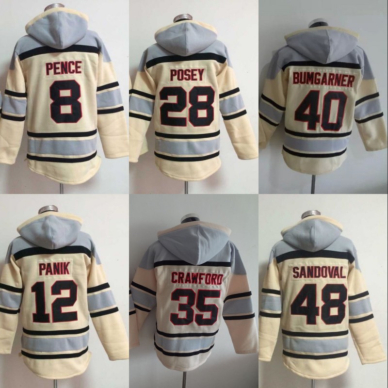 

San Francis Hoodie 8 Hunter Pence 12 Joe Panik 28 Buster Posey 40 Madison Bumgarner 35 Crawford 48 Pablo Sandoval Baseball Hoodie, 40 white