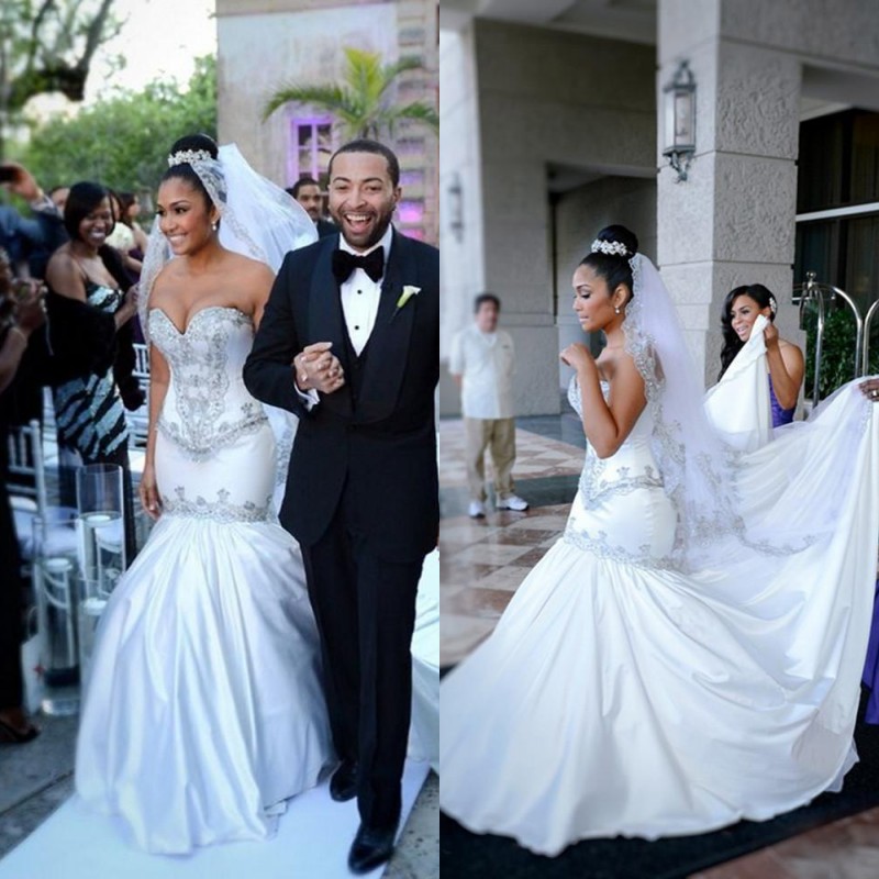 

Fit and Flare Wedding Dressess Mermaid Crystals Beaded Sweetheart Neckline Strapless Custom Made Bridal Gowns Zipper Back Spring, Gold