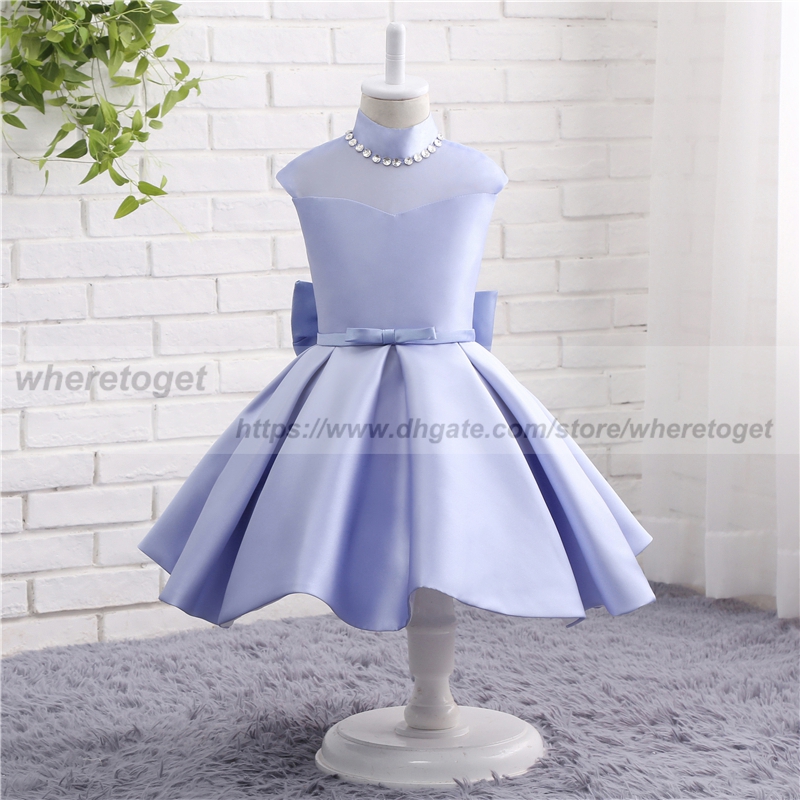 

2019 Lanvender Flower Girl Dresses with bow For Summer Garden Weddings tea Length high Neck satin Kids Formal Wears Girls Birthday Dresses, Same as image