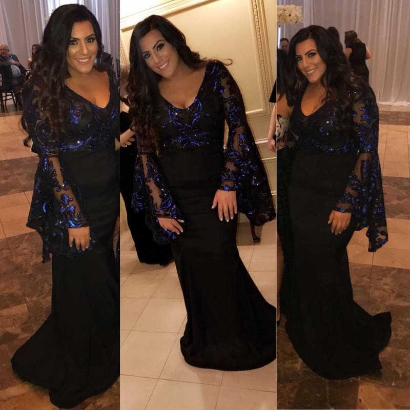 

Fashion Appliqued Mermaid Plus Size Evening Dresses With Long Sleeves V Neck Sequined Prom Gowns Floor Length Black Formal Dress, Gray