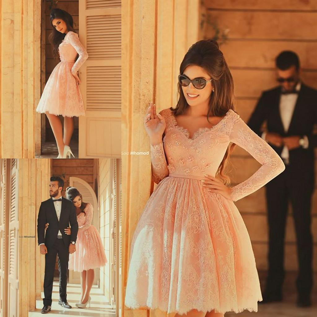 

Amazing 2015 Peach Lace V Neck Short Wedding Dresses Cheap Modest Long Sleeve Knee Length Beach Bridal Gowns Plus Size Custom Made EN9146, Gold