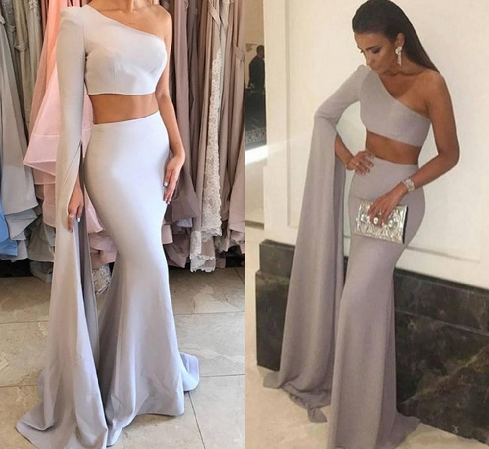 

2018 New Sexy One Shoulder Mermaid Long Evening Dresses Two Pieces Satin Zipper Back Formal Evening Gowns Party Prom Dress Robe De Soiree, Red