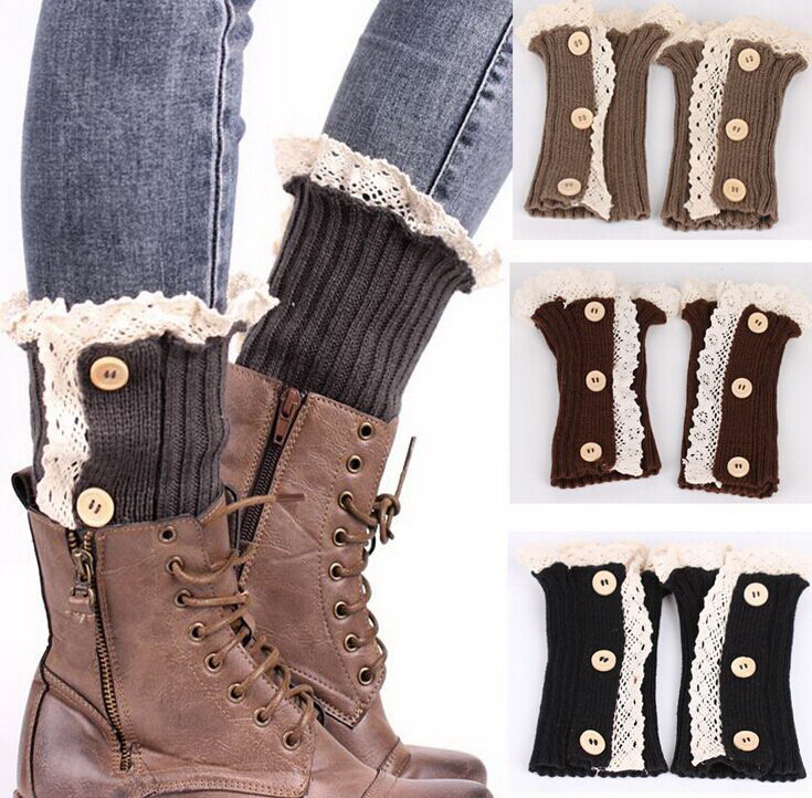 

2015 New Hot Sale Women boot cuff Short Button down Lace Knitted Leg Warmers Foot socks boot cuff lace knit leg warmer 21pair/lot #3967, Mixed