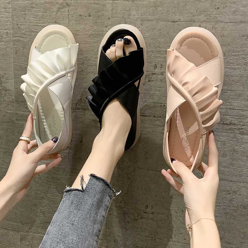

Sandals Female Flat Bottom Non-slip One-pedal Sandals 2020 New Female Comfortable Women Girl Student's Casual PU Shoes, Black