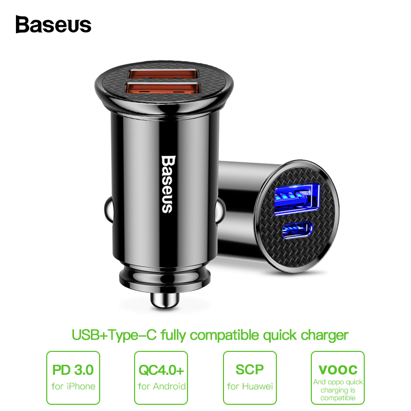 

Baseus 30W Quick Charge 4.0 3.0 Car Charger For Samsung Huawei Supercharge SCP USB Type C PD 3.0 Fast Charging Car Phone Charger