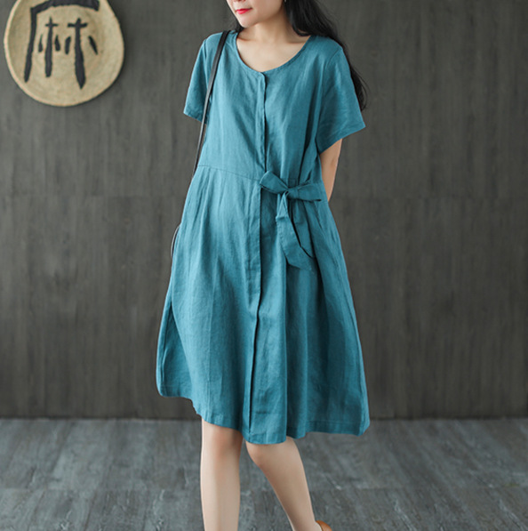 

Summer Dresses Women Casual Solid Color Loose Drawstring Female Wild Cloting, Blue
