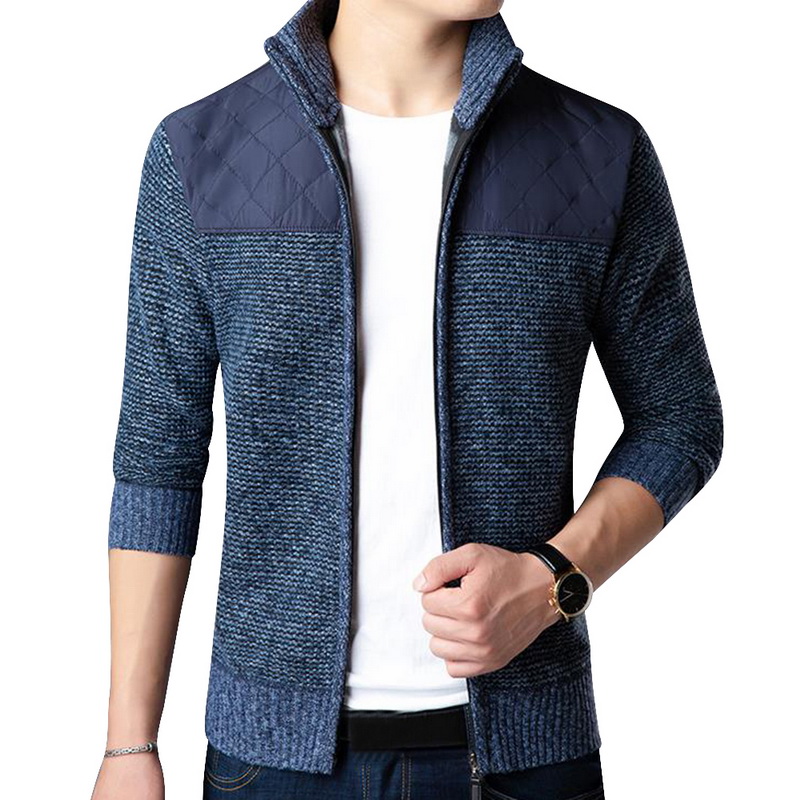 

ADISPUTENT New Men's Thick Sweatercoat Striped Stand Collar Zipper Coat Outerwear Winter Fleece Cashmere Liner Knitted Sweaters, Black