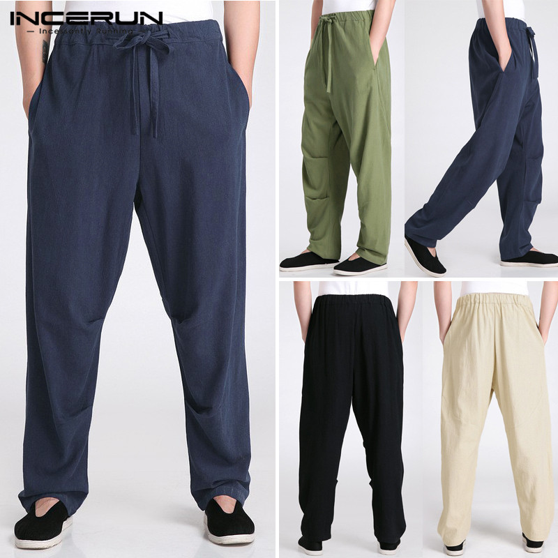 

INCERUN Men Straight Pants Casual Solid Color Drawstring Joggers Man Retro Cotton Long Trouser Casual Linen Elastic Streetwear, Black