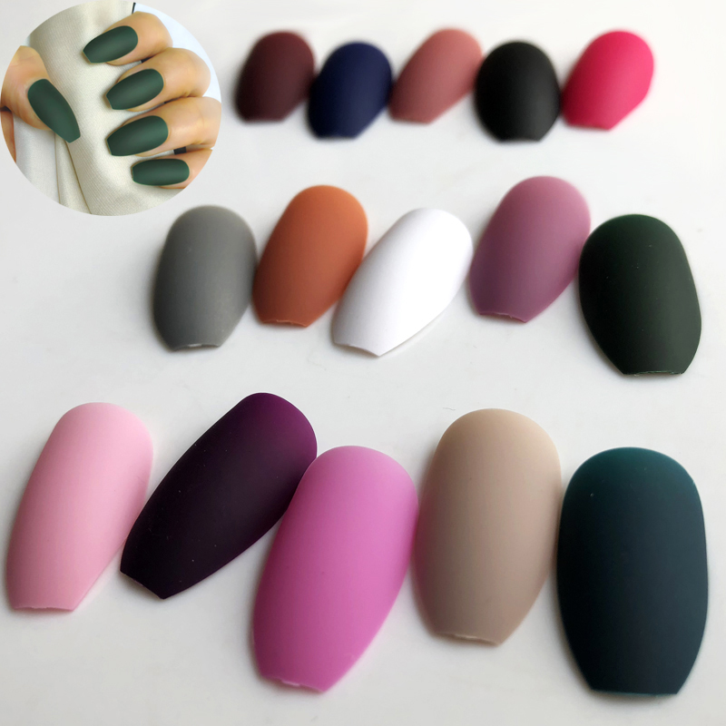 

Wholesale Wine Red Coffin Fake Nails Matte Frosted Press On Nails Coloured White Black Peacock blue False 28Colors, S28sky blue