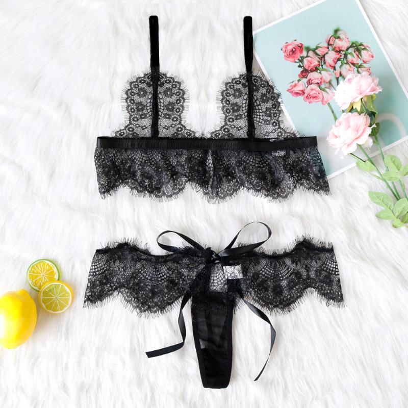 

Women Intimates Bow Sexy Lingerie Corset Lace Sleepwear Underwear Tops and Briefs Fashion Femme Sexy Bra and Panty Set Ensemble, Black