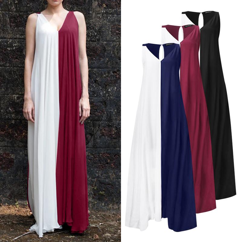 

ZANZEA Women Summer Sundress Patchwork Color Sleeveless 2020 Vintage Female Long Maxi Dress Vestidos V Neck Beach Party Dresses, Black