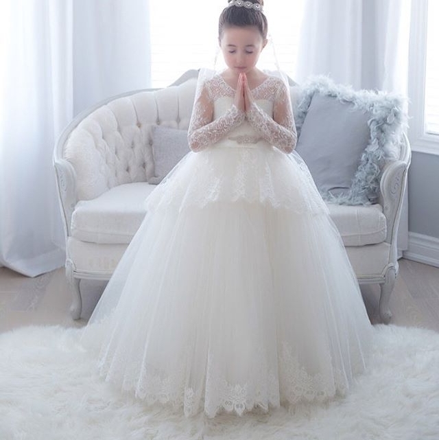 

Lace Long Sleeve Flower Girls Dresses Scoop Ball Gown Princess Little Girls Wedding Party Dress First Communion Gowns, Pink