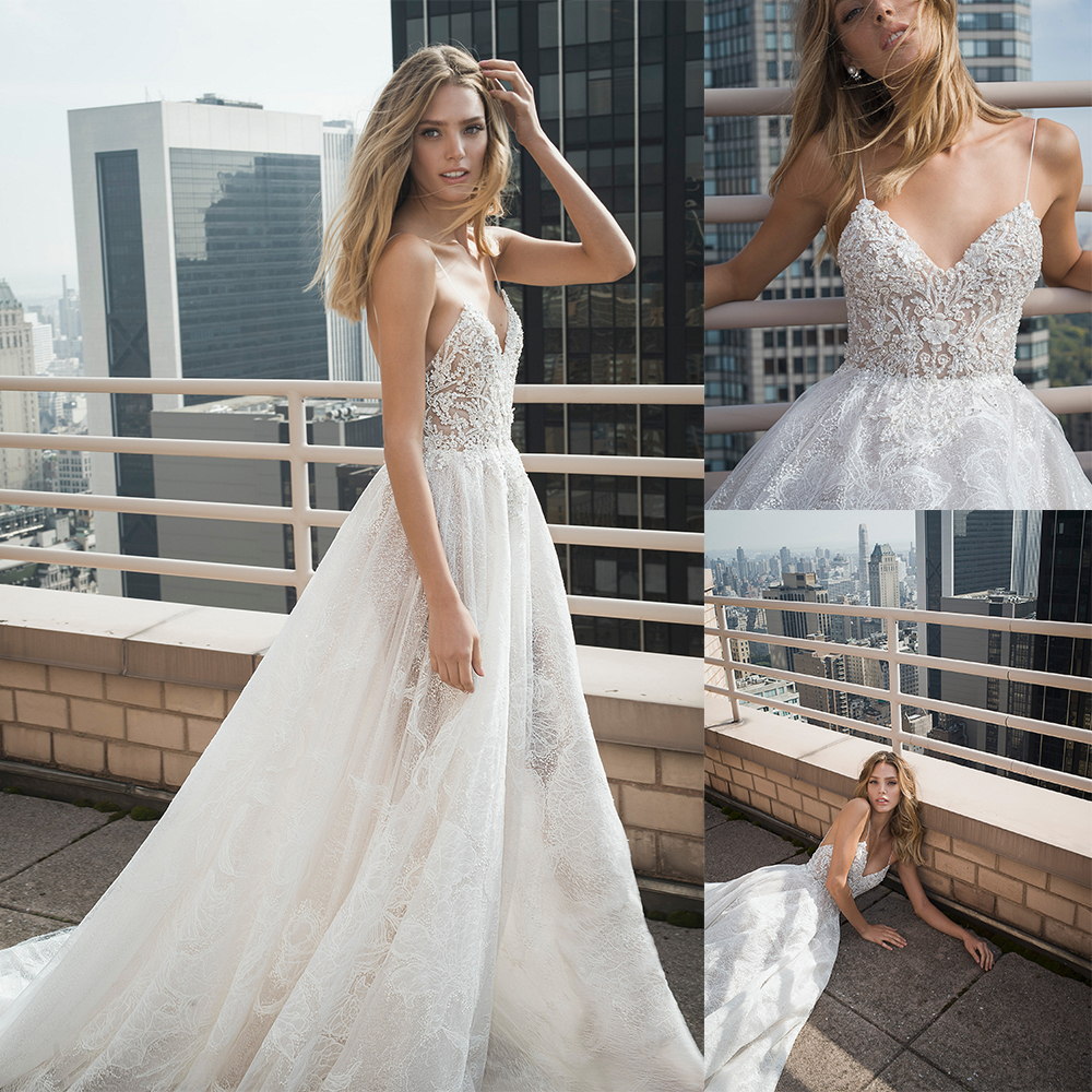 

Netta Benshabu A Line Wedding Dress Applique Spaghetti Crystal Pearls Sequins Beads Wedding Dresses Sweep Train Bohemian Bridal Gowns, Multicolor