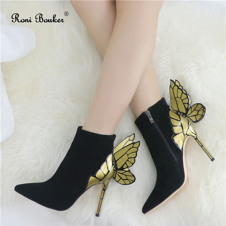 

Hot Fashion Women Butterfly Ankle Boots Woman Suede Leather High Heel Shoes Women's Pointed Toe Wing Booties, Black