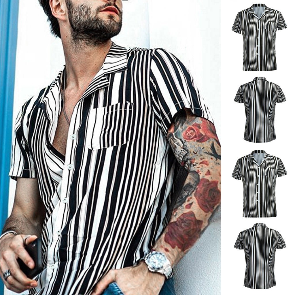 

New Arrivals Slim Casual Male Hawaiian Men' Baggy Beach Hawaiian Print Short Sleeve Button Retro Shirts Tops Blouse -3XL sale, Black