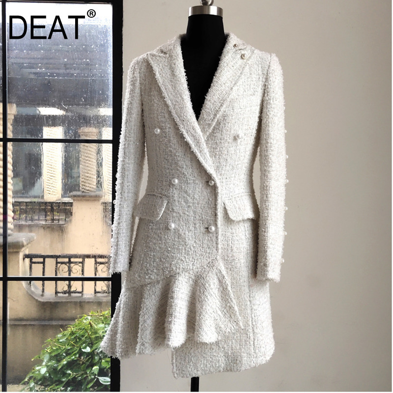 

DEAT 2020 New Summer Styles Fashion Women Clothes Thin notched Collar Full Sleeve Pearl Double Breasted Wool Dress WG02400L, White