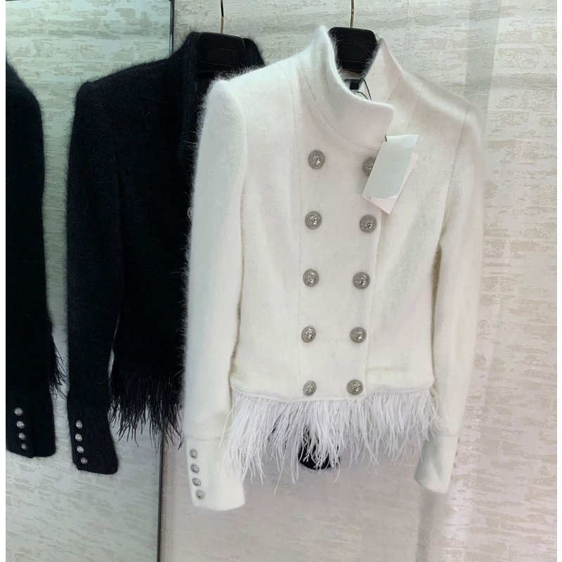 

11.16 2020 Autumn Winter New Double breasted Patchwork Feather Hem Tassels Coat, White