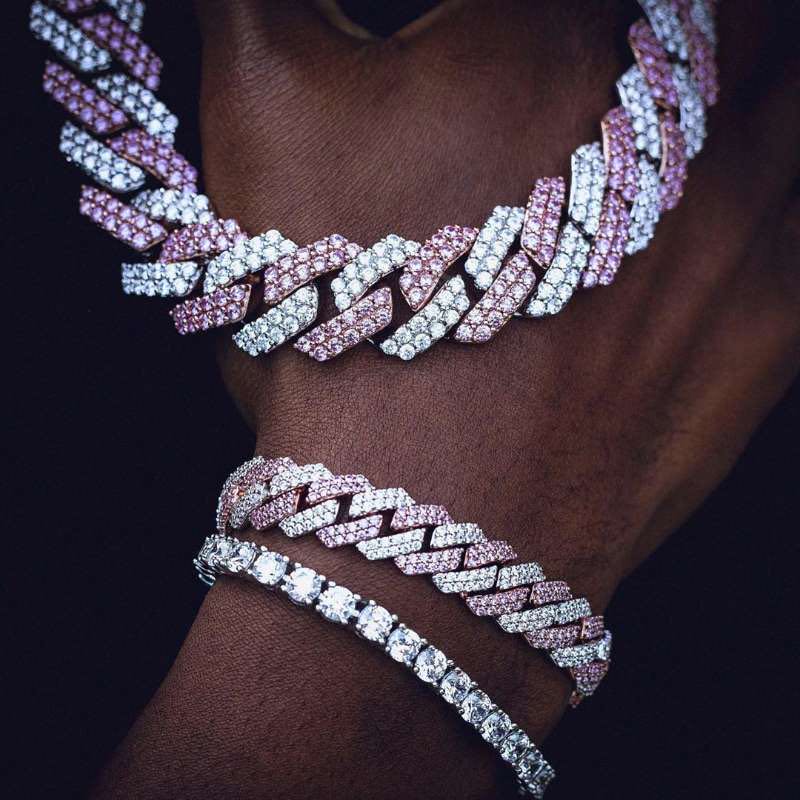 Collier Hip hop rap 12mm, micro réglage, bijoux en zircon rose pour hommes, collier cubain à la mode, bracelet personnalisé