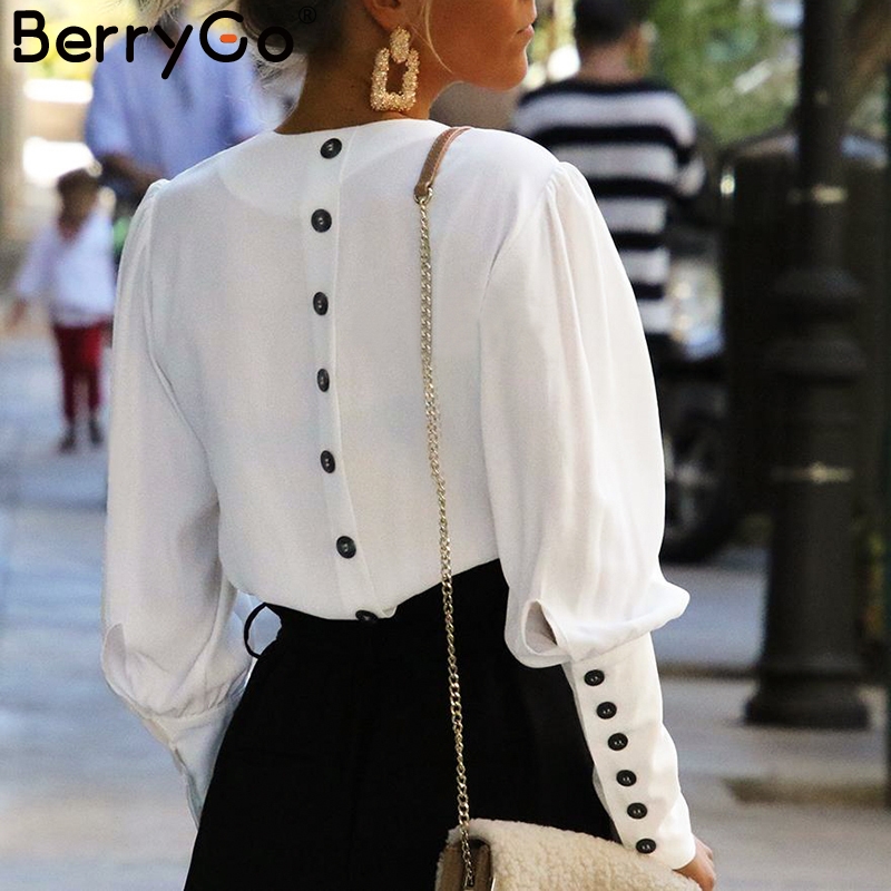 

Puff sleeve women blouse shirt Button white v neck tops spring Elegant office lady streetwear blusas women shirts