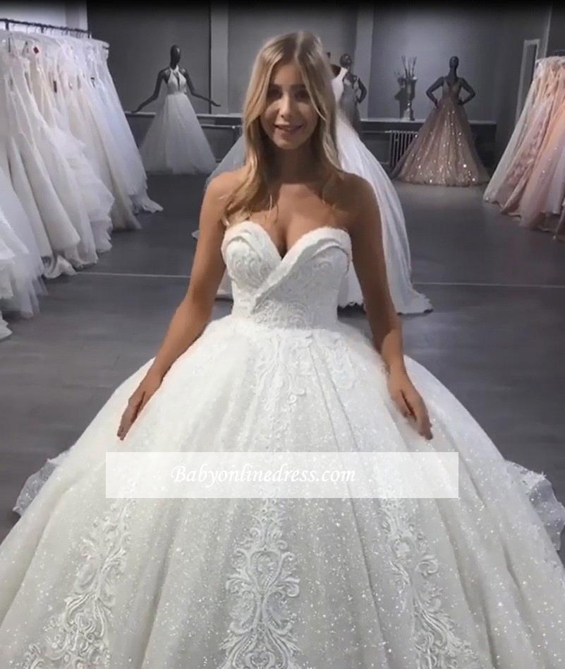 

Muslim Ball Gown Sequined Wedding Dresses 2020 Off Shoulder Sweetheart Appliqued Lace Bridal Gown A Line Sweep Train Vestido De Novia BC3028, Same as image