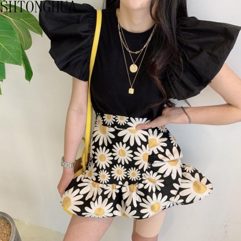 

New Fashion 2 piece Set 2020 Summer Womens O-Neck Puff Sleeve Shirt Top + High Waist Floral Print Ruffles Mini culottes Suit, Only shirt