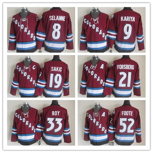 

2003 Vintage Colorado Avalanche 19 Joe Sakic 52 Adam Foote 21 Peter Forsberg 8 Teemu Selanne 9 Paul Kariya 33 Patrick Roy CCM Hockey Jerseys