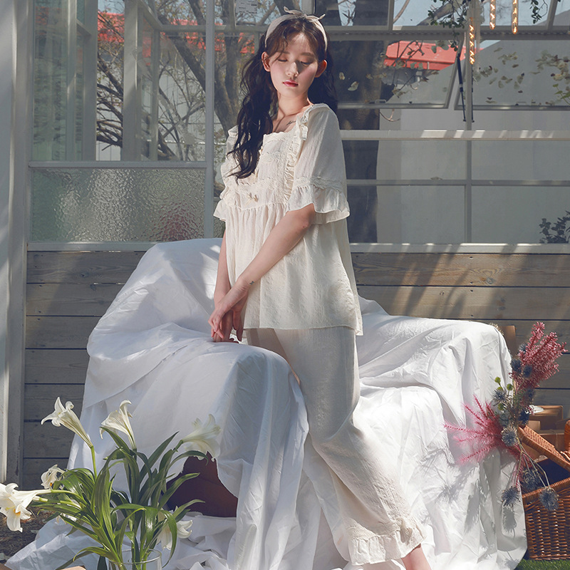 

2020 Summer Pajama Set Vintage Cotton Sleepwear Women Lace Bows Short Sleeves Pajama Femme White Night Wear Home Suit Lounge Set