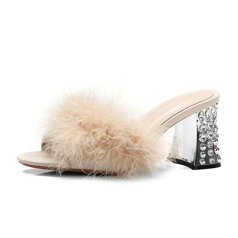 

Woman Feather Transparent High Heels Fur Slippers Sandals Women Peep Toe Mules Lady Pumps Slides Crystal Decoration Heel Shoes, Black