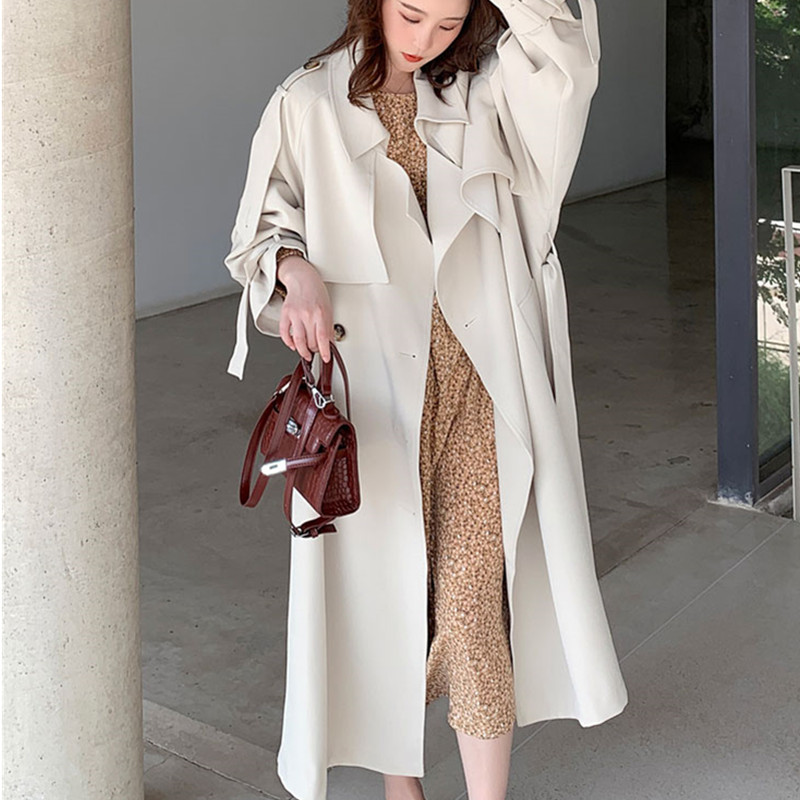 

Korean Contrast Color Double Breasted Women's Trench Coats Women Oversized Windproof Long Coat Female Vintage Long Sleeve Jacket, M beige