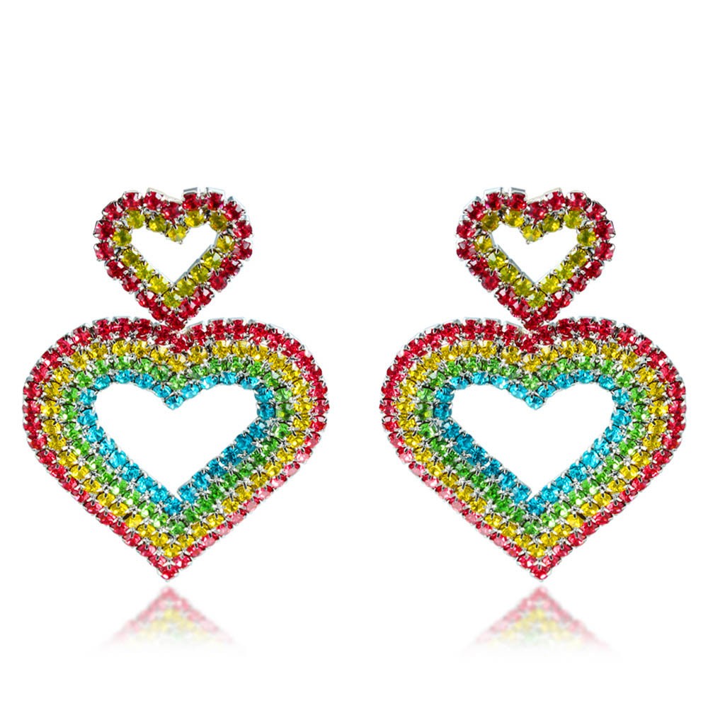 Coloré Zirconium Double coeur Double Coeur Boucles d'oreilles Femmes Mode Exagère Love Plein Diamond Diamond Designer de luxe Boucles d'oreilles