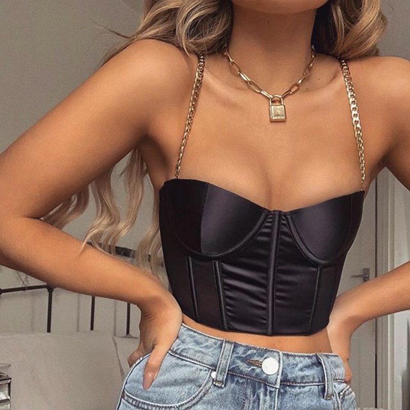 

Februaryfrost 2020 Women Sexy Summer Crop Top Blackless Chain Strap Padded Cropped Bustier Top Casual Satin Crop Tops, White