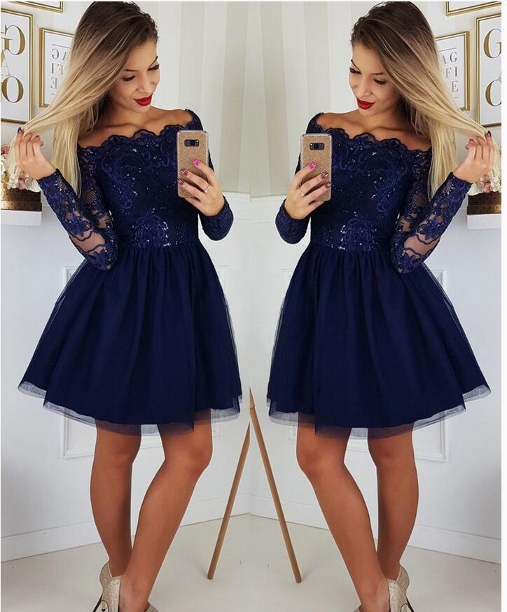 

2019 Long Sleeves Lace A-Line Homecoming Dresses Tulle Applique Short Prom Cocktail Party Dresses Plus Size Vestidos De Festa, White