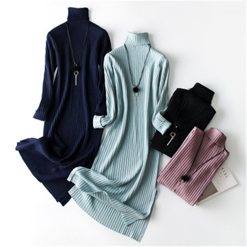 

Women's Dress Knitted Sweater Autumn Winter New Fashion Turtleneck Slim Slit Midi Dresses Basic Long Sleeve Black Dress Casual, Navy blue