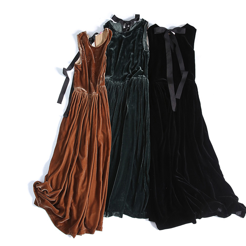 Lautaro longue plissée femmes robe de velours de grande taille robes maxi pour les femmes élégantes été 2020 vert noir robe sans manches casual