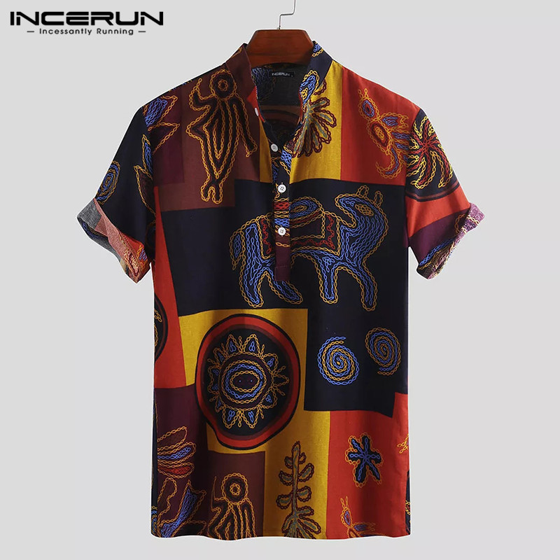 

INCERUN 2020 Men Hawaiian Shirt Cotton Loose Short Sleeve Stand Collar Breathable Tops Ethnic Style Printing Vintage Men Shirts, Yellow shirt