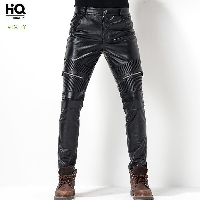 

Brand Motorcycle Windproof Men Genuine Leather Pants High Quality Slim Biker Cowhide Black Trousers Autumn Winter Pencil Pants