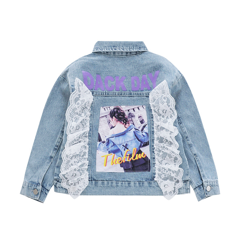 

Printed cartoon denim jacket for Girl Kids Autumn Spring Baby Girls Jackets Stretchy Denim Girl Cardigan Jeans Coats, As picture