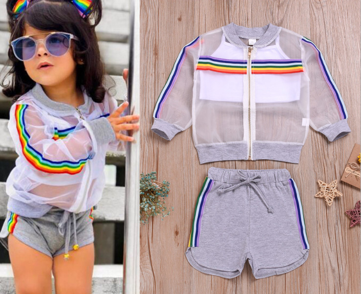 Kids summer sport outfits 2020 new children rainbow stripe zipper outwear+white tank top+shorts 3pcs girls designer style sets A3099-image-546169368