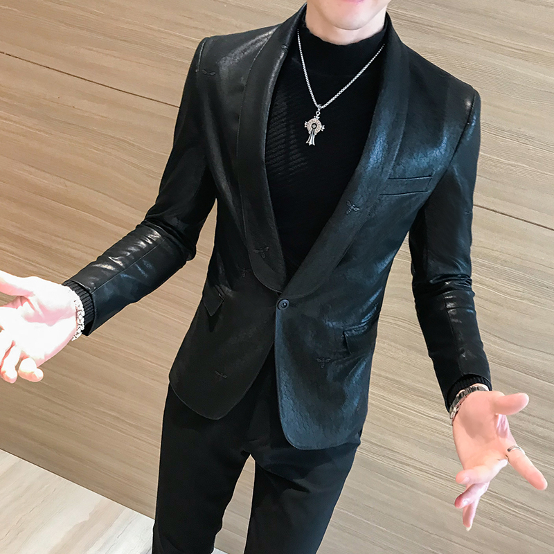 

Korean Suit Coat Solid Black Slim Fit Blazer Hombre PU Leather Jacket Men One Button Business Casual Prom Blazers For Men