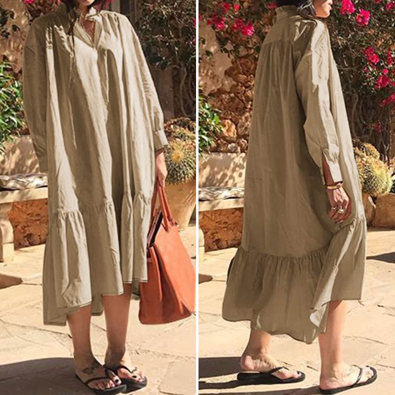 

VONDA Vintage Dress Women Spring Autumn Maxi Long Dress 2020 Female Sundress Casual Long Lantern Sleeve Loose Plus Size Vestidos, Black