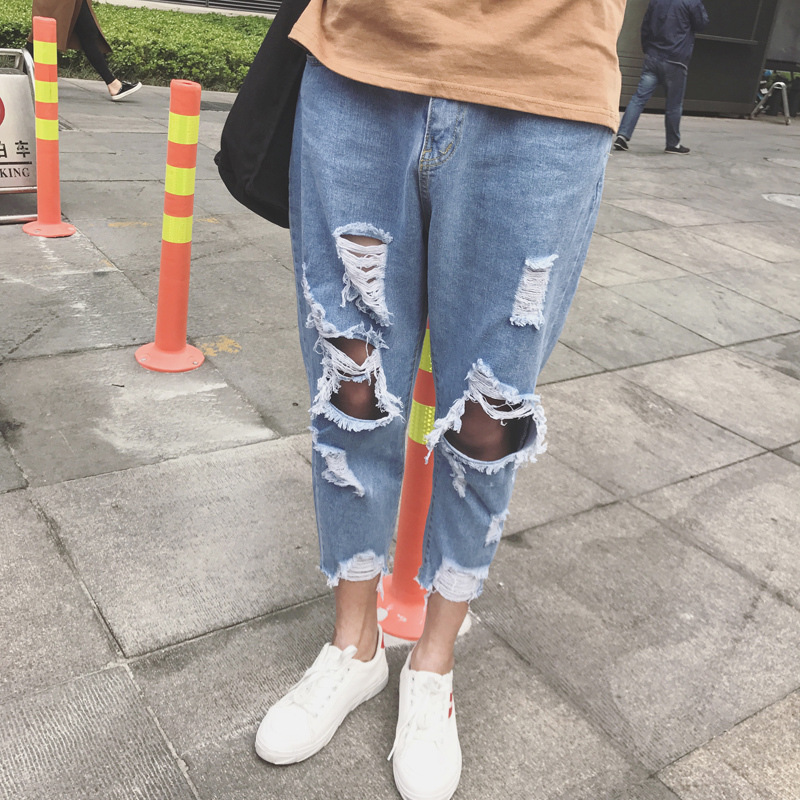 

Wholesale 2020 Fashion New Korean big hole jeans ankle length pants men loose couple jeans beggar pants students teenager, Blue
