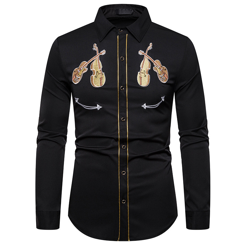 

Men' Fashion Embroidered Evening Dress Shirt Violin Exquisite Embroidered American West Shirt Long Sleeve, Black