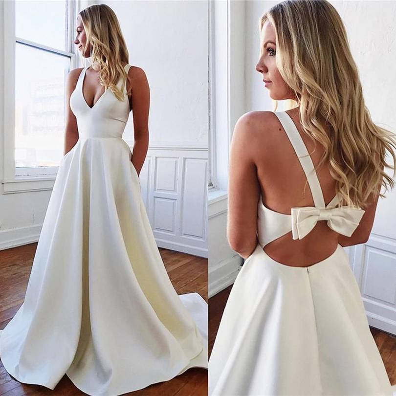 

Custom Simple Spaghetti Evening Dresses 2020 with Pockets Sweep Train Satin Bow Tie Formal Prom Party Gowns, White