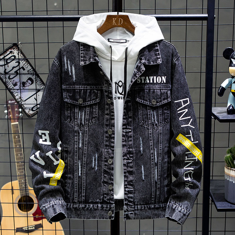 

Spring Autumn 2020 New Men's Embroidered Printed Casual Denim Jacket Men England Style Single Breasted Coat